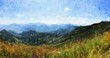 © Halina - Digital mountains view oil painting with real brush strokes effect. Contemporary impressionism mixed style wall art print. Power of nature scene. Vacation postcards and prints design. Beauty artwork.