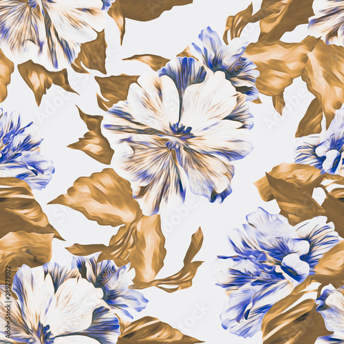 Hibiscus flower seamless pattern, watercolor illustration.