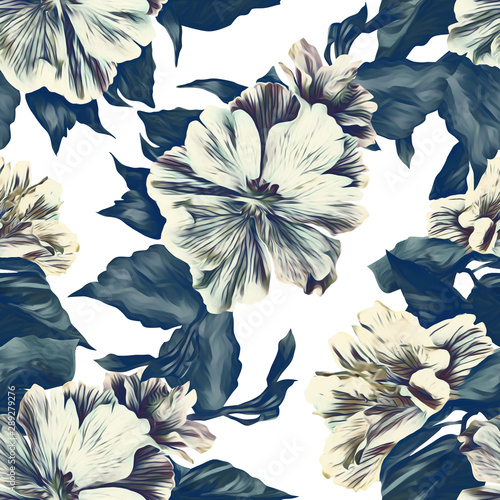 Hibiscus flower seamless pattern, watercolor illustration.