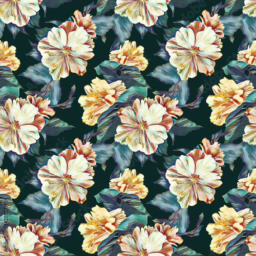 Hibiscus flower seamless pattern, watercolor illustration.