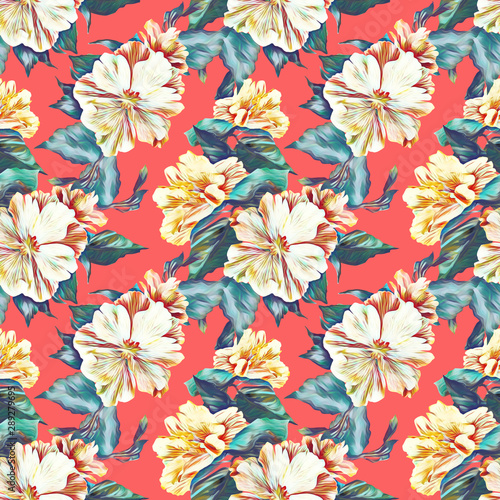 Hibiscus flower seamless pattern, watercolor illustration.