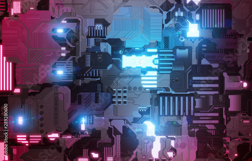 Futuristic blue and pink tech panel background with lots of details