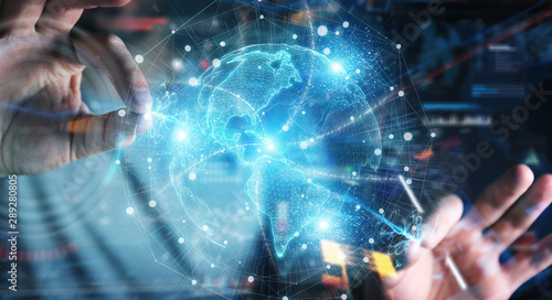 Businessman hand using America USA map globe network hologram 3D rendering