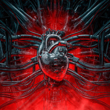 Heart Of The Gamer / 3D Illustration Of Grungy Metallic Artificial Robot Heart Connected To Alien Machinery