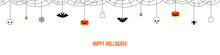 Happy Halloween Garland, Bunting With Pumpkins, Bats, Ghosts, Spider Webs, Skulls, Corn Candy, On White Background. Hand Drawn Vector Illustration. Holiday Concept. Banner, Invitation Design Element.