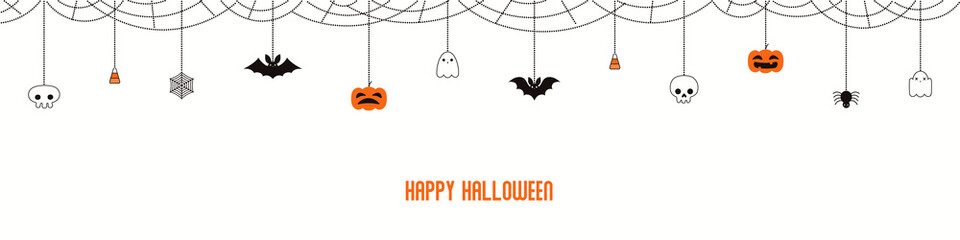 Wall Mural - Happy Halloween garland, bunting with pumpkins, bats, ghosts, spider webs, skulls, corn candy, on white background. Hand drawn vector illustration. Holiday concept. Banner, invitation design element.