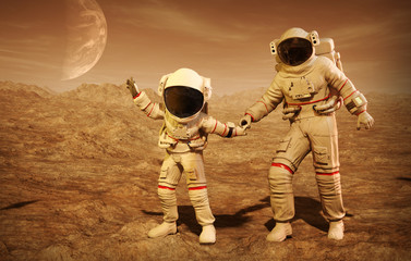 Wall Mural - Astronaut with his son on the planet Mars, 3D illustration