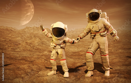 Astronaut with his son on the planet Mars, 3D illustration
