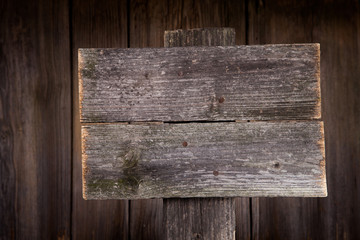 Wooden sign isolated on wood background. Wood old planks sign.