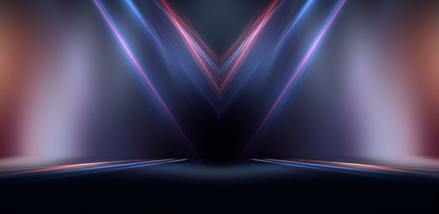 Wall Mural - dark background with lines and spotlights, neon light, night view. abstract blue background.