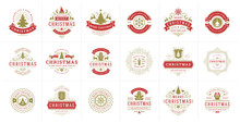 Christmas Vector Typography Ornate Labels And Badges, Happy New Year And Winter Holidays Wishes For Vector Illustration
