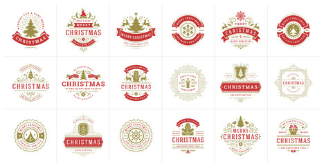 Sticker - Christmas vector typography ornate labels and badges, happy new year and winter holidays wishes for vector illustration