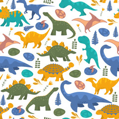  Floral colorful dinosaur seamless pattern for kids wallpaper with raptor, rex, ankylosaurus and pterodactyl. Vector isolated dino background for boy t-shirt textile.