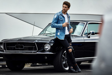 Poster - Handsome man with black classic car wear smart casual