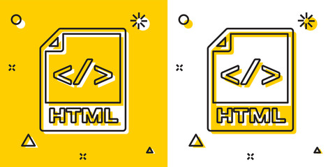 Black HTML file document. Download html button icon isolated on yellow and white background. HTML file symbol. Markup language symbol. Random dynamic shapes. Vector Illustration