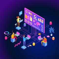 Wall Mural - interactive reports web banner. people interacting with analyzing statistics and charts. workflow an