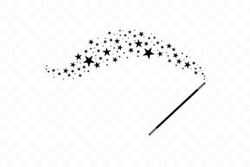 Magic wand with a stars. Trace of black dust. Magic abstract background isolated on on transparent background. Miracle and magic. Vector illustration flat design.