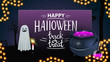 Happy Halloween, trick or treat, greeting purple card with ghost and witch's cauldron with potion