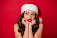 Close Up Photo Of Charming Lady Think About Noel Smiling Wear Stylish Good Look Isolated Over Red Background