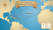 The Voyages Of Christopher Columbus. Map With The Marked Routes Of The 4 Trips Of Columbus On A Blue Background Adorned With A Compass. Vector Image