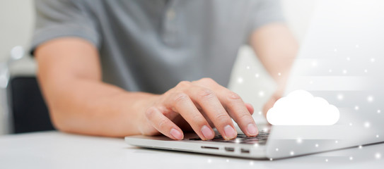 Wall Mural - close up man hand typing on keyboard for transfer or synch data upload and download from cloud computing with virtual interface in operation room, technology business concept	