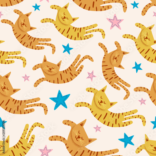 Cotton fabric Cute cats seamless pattern with stars funny drawing. Vector texture of sleepy kitten cat decoration background for baby, kids, and children fashion textile print and wrapping.