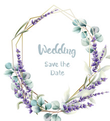 Wall Mural - Lavender wreath wedding card vector watercolor. Isolated background. Provence flowers banner