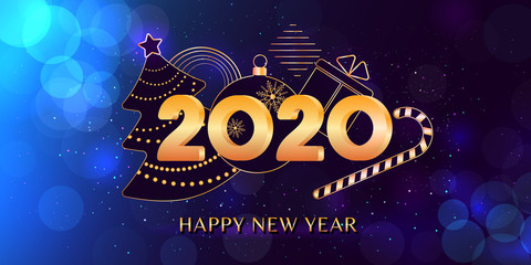 Wall Mural - 2020 happy new year text design with golden numbers on blue glitter bokeh light background. holiday 