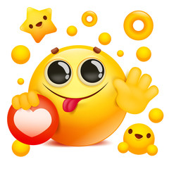 Wall Mural - yellow emoji 3d smile face cartoon character holding social network icon