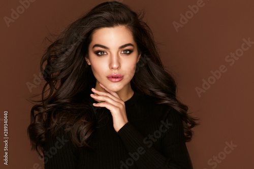Brunette Haired Woman Portrait With Blue Eyes And Healthy
