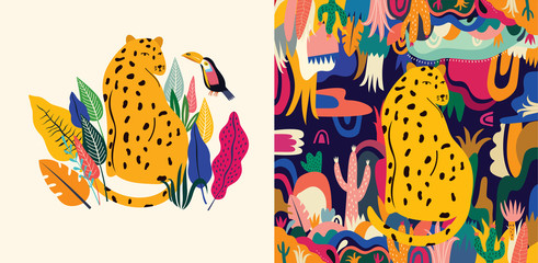 Wall Mural - Tropical vector colorful illustration with leopard, flowers, leaves and toucan.