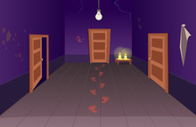 Interior Of Scary House With Doors Bloody Footprints And Candles. Halloween сartoon Vector Illustration Of Corridor.