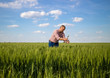 © Andrej - Farmer or agronomist standing in the wheat field examining the yield quality.