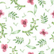 © mayillustration - Watercolor seamless hand drawn Tropical leaves bamboo tree pattern with sakura flowers. Aquarelle wild leaves with flower sakura for background, texture, wrapper pattern