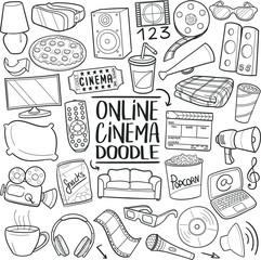 Wall Mural - Online View Cinema. Home Film Day. Traditional Doodle Icons. Sketch Hand Made Design Vector Art.