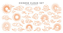 Asian Cloud Set With Moon, Sun And Stars. Vector Collection In Oriental Chinese, Japanese, Korean Style. Line Hand Drawn Illustration Isolated On White Background. Retro Elements Set.