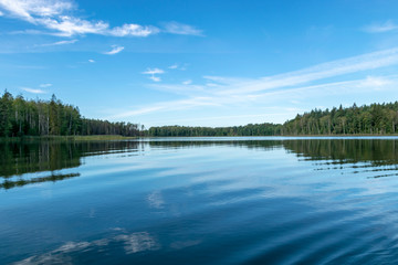 beautiful lake view, beautiful sky, calm lake reflection against the blue sky with white clouds, val