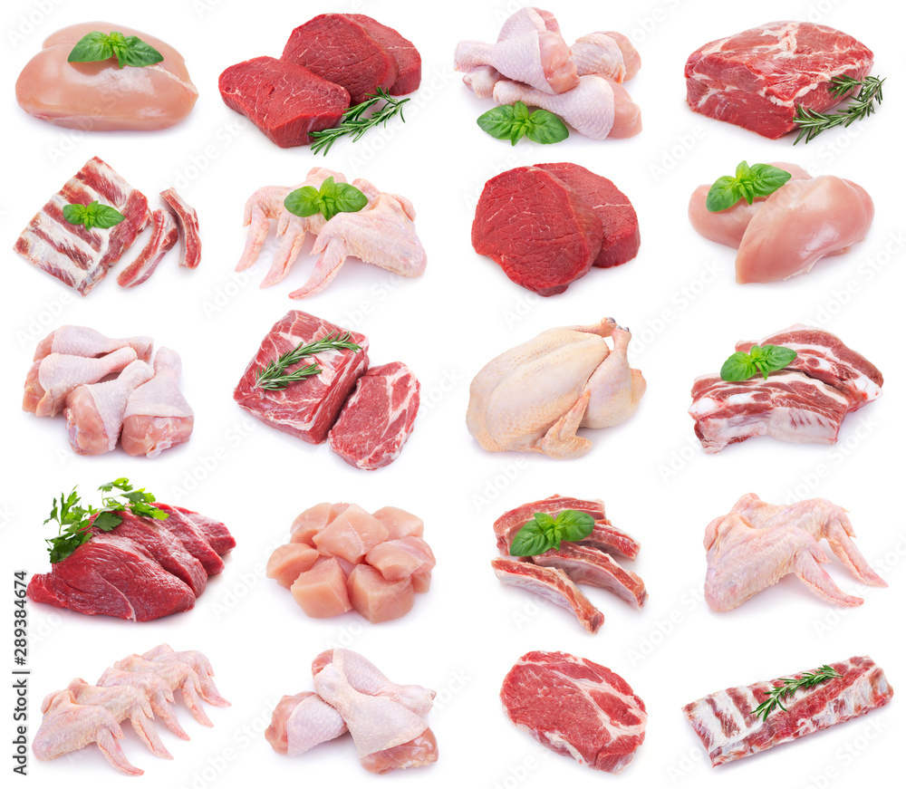 Collection of raw meat on white background - obrazy, fototapety, plakaty 