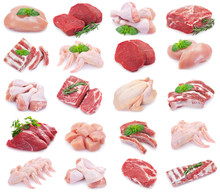 Collection Of Raw Meat On White Background