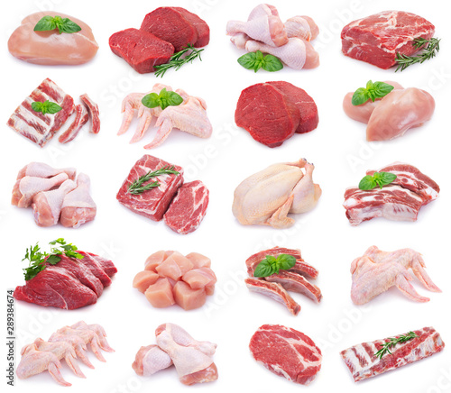 Fotografía Collection of raw meat on white background
