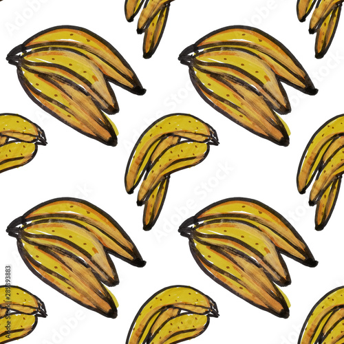 Creative seamless pattern with hand drawn abstract bananas. Fruity fashion pr...