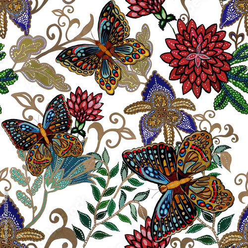 Creative seamless pattern with hand drawn fantasy flowers and butterflies. Tr...