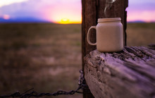 Western Ranch Scene Coffee Mug On Wooden Barbed Wire Fence At Sunrise