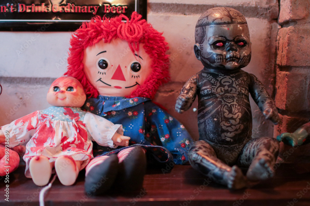 Raggedy Ann Creepy bloody baby doll Old Time Rag Doll Ghost mystic doll. Scary horror doll Halloween decoration Stock Photo Adobe Stock