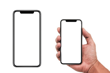 Wall Mural - Smartphone similar to iphone 11 pro max with blank white screen for Infographic Global Business Marketing Plan , mockup model similar to iPhonex isolated Background of ai digital investment economy.