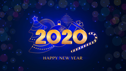 Wall Mural - 2020 new year text design with 3d golden numbers. christmas tree, ball, gift box and candy cane on d