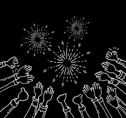 Wall Mural - doodle set of hands clapping. hands up applause. thumbs up in hand draw style with fire work element. on black background