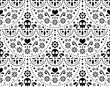 Mexican folk art vector seamless pattern with skulls, Halloween decor, flowers and abstract shapes, black and white textile design