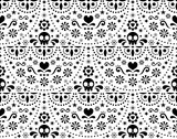 Mexican folk art vector seamless pattern with skulls, Halloween decor, flowers and abstract shapes, black and white textile design