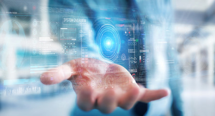 Aufkleber - Businessman using digital technological interface with datas 3D rendering
